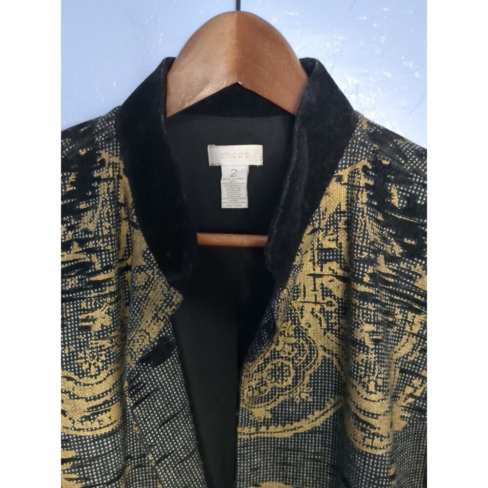 Chico’s Size 2 Long Tapestry Damask Jacket Coat Black Velvet Burnout - Picture 5 of 13